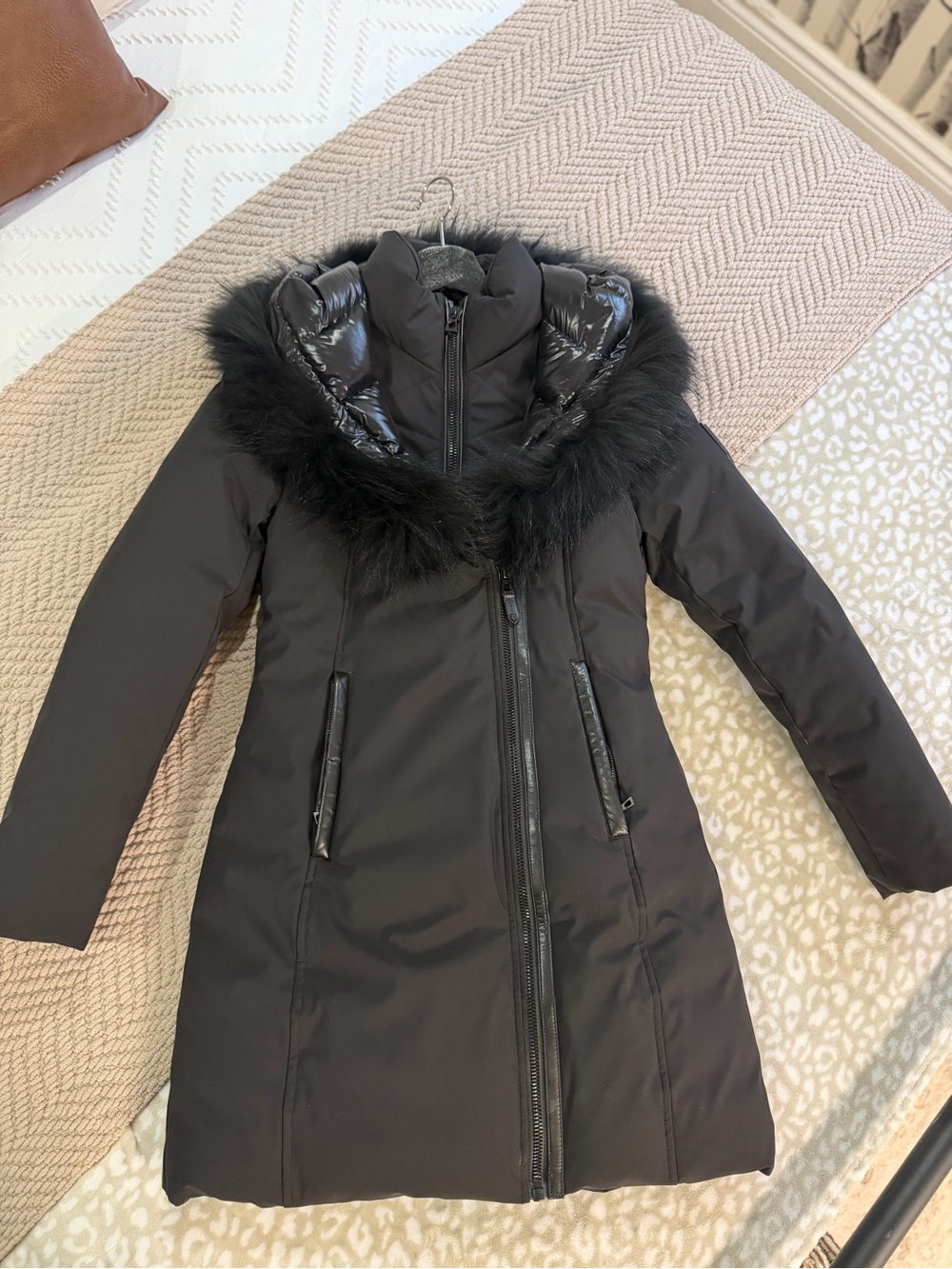 RUDSAK Black Quilted Hooded Puffer Coat with Faux Fur Trim